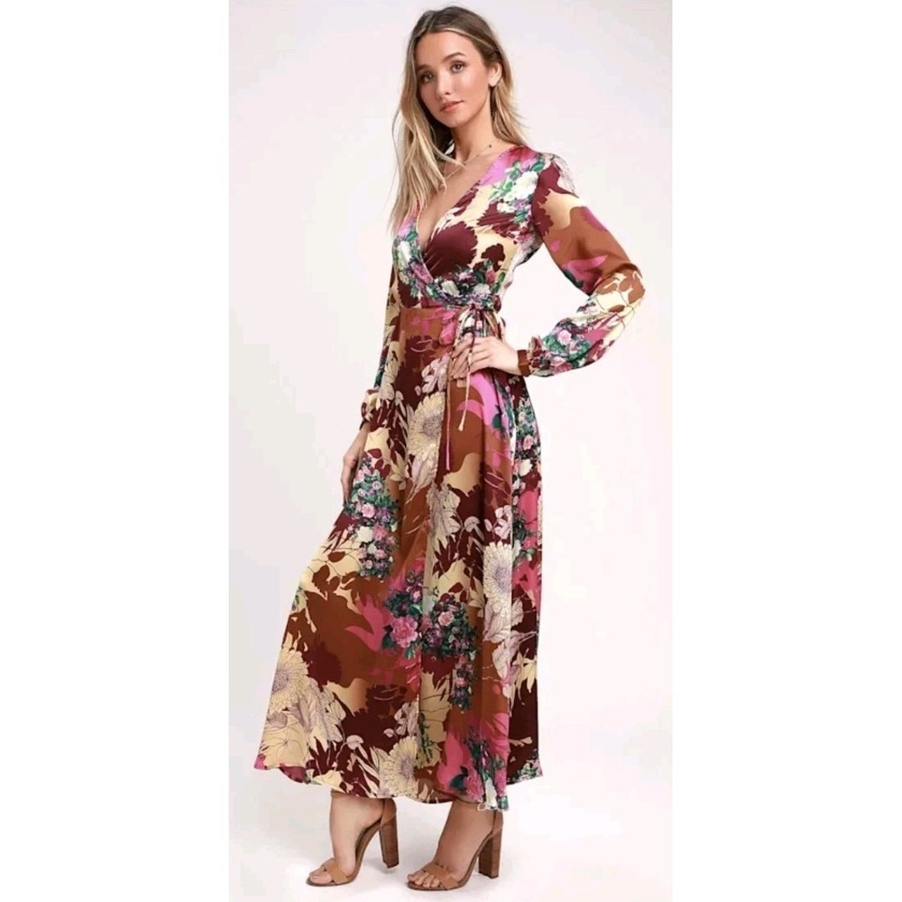 Lulus Put On A Smile Floral Print Satin Wrap Maxi Dress Boho Cottagecore Sz‎ S